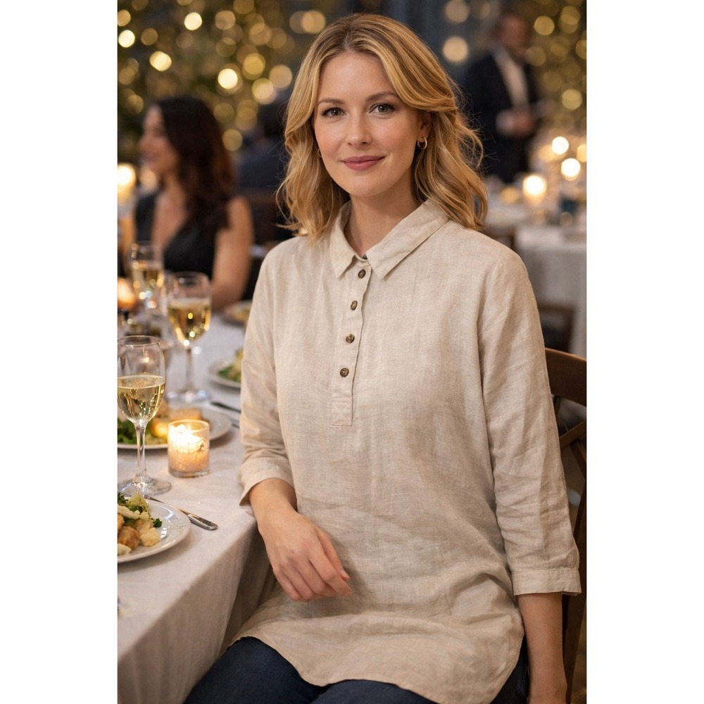 NWT J Jill Love Linen Tunic Shirt Beige Button Down Collar 3/4 Sleeve size Small